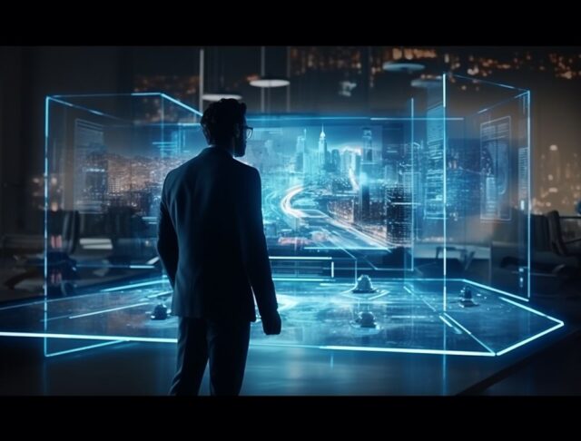 A person stands in front of large, futuristic digital screens displaying a blue-lit cityscape and data visuals in a modern office at night, reflecting the dynamic environment of technology executive search.