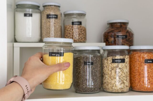 A hand reaches for a jar labeled "corn grits" on a pantry shelf, surrounded by jars of various dry foods such as oats, lentils, chia, chickpeas, and grains, highlighting the practical uses of plastic jars for packaging and storage in an organized kitchen.