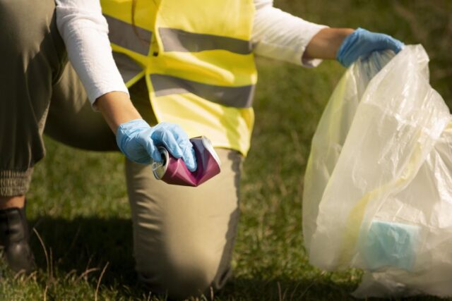 Wearing gloves and a yellow safety vest, a person picks up a crushed can and plastic trash bag while cleaning up outdoors on grass, reflecting the importance of junk disposal services for cleaner and safer spaces.